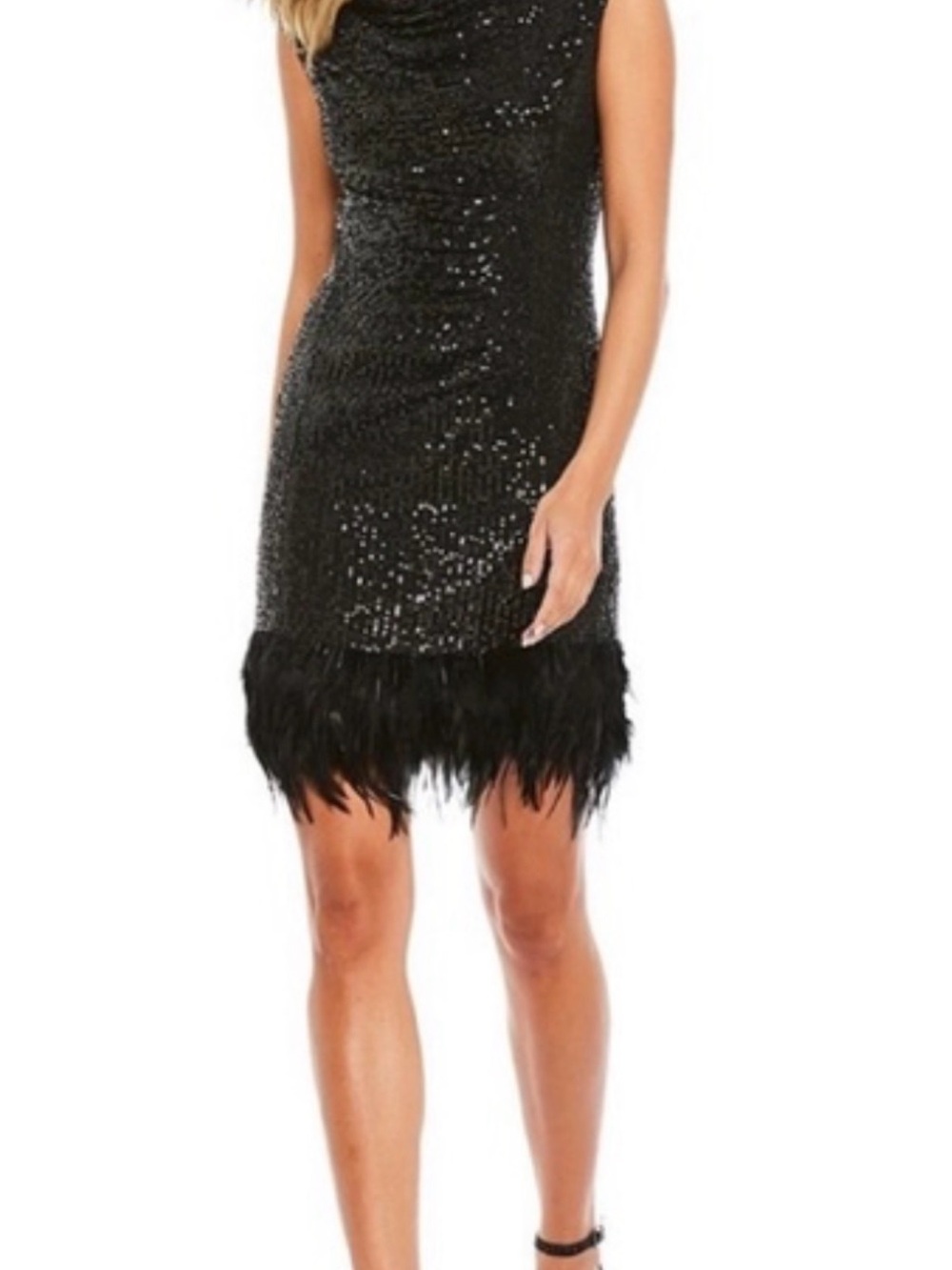 Alex Marie Black Sequin Feather-Hem Mini Dress